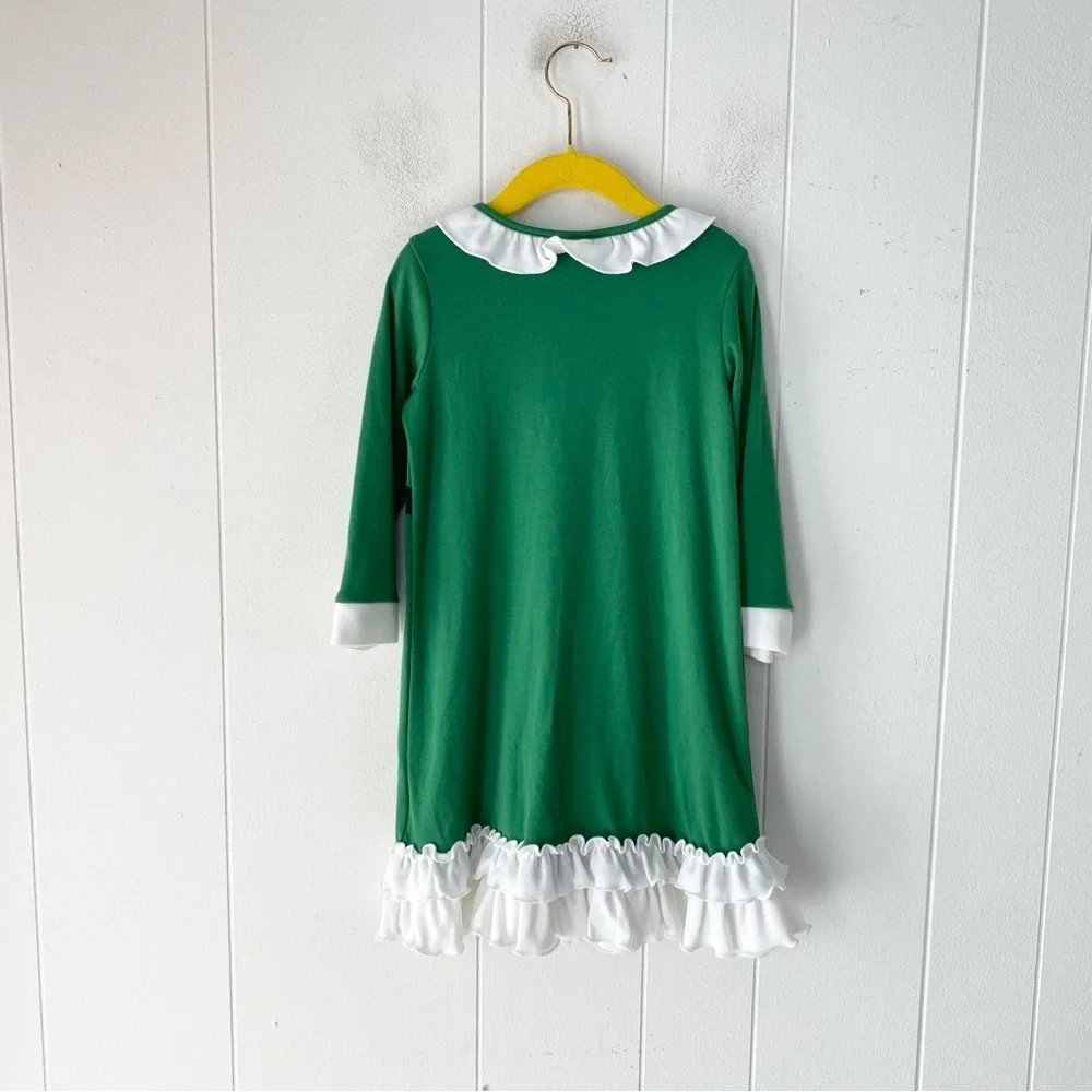 Hanna Andersson Misa Nick Holiday Pajama Dress Girls Sz 100 US 4 Green White Elf